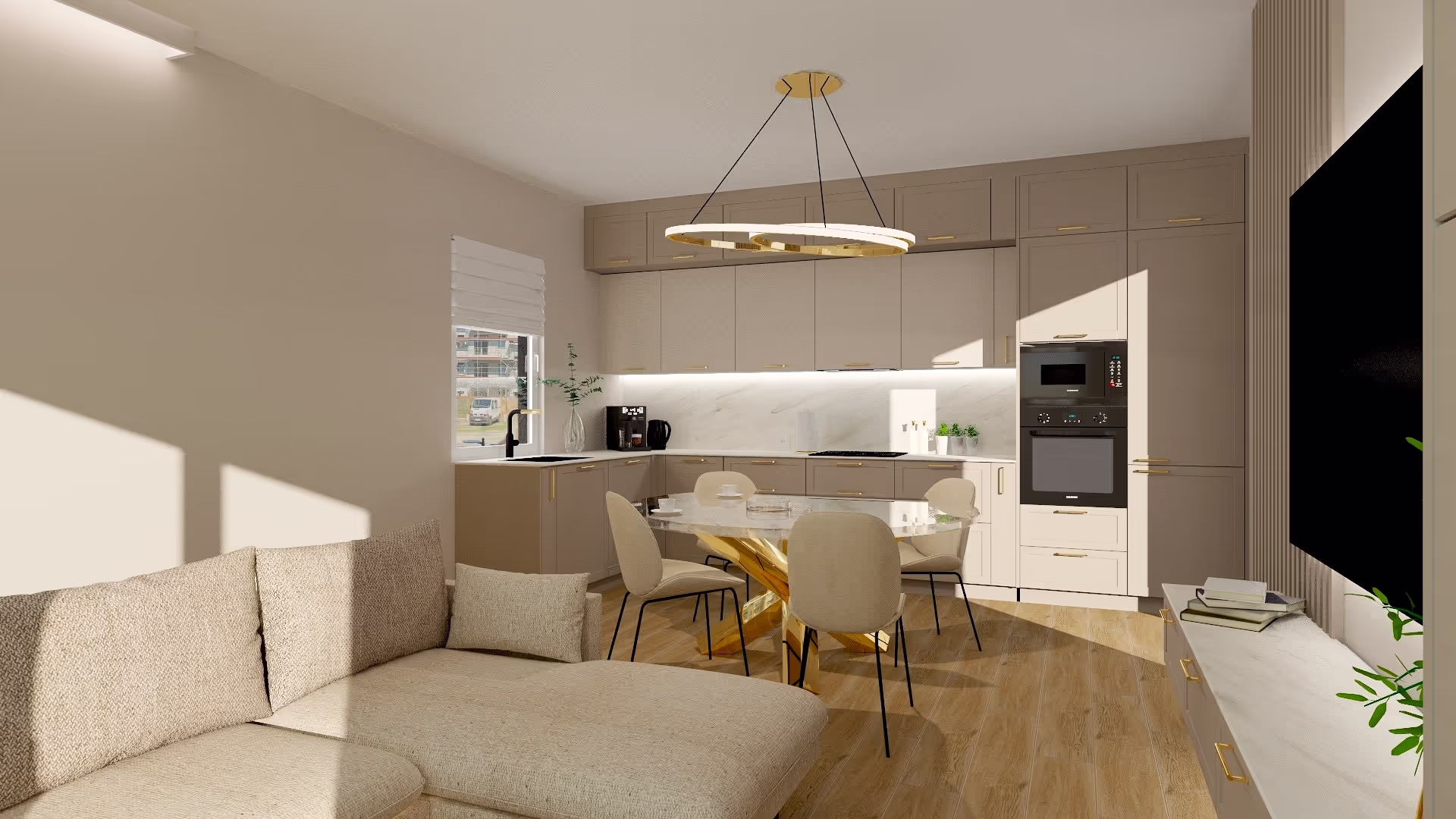 Projekt luksusowego salonu i sypialni, projekt kuchni w stylu premium – Łódź, Polska.